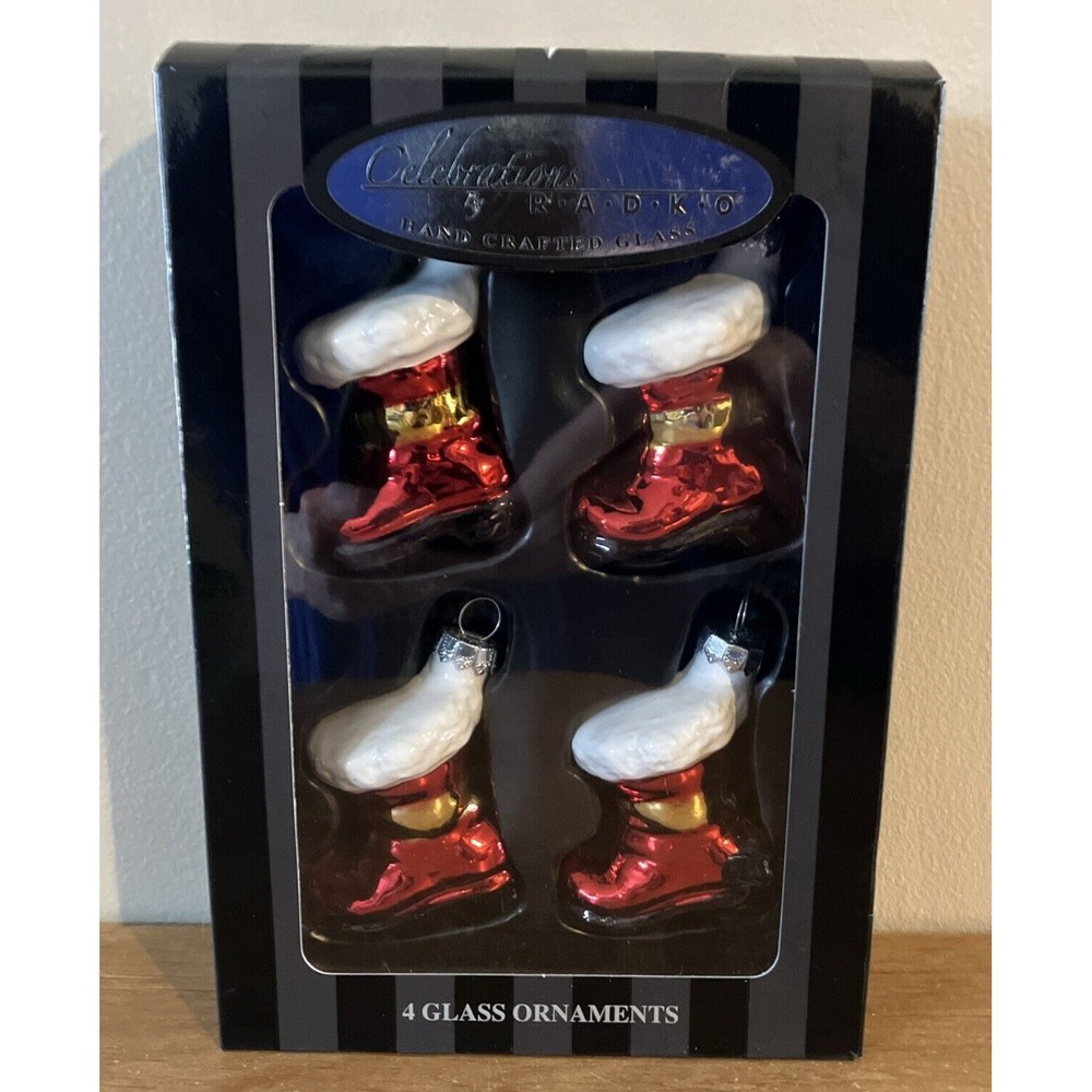 Set of (4) Celebrations by Radko 2.5" Hand Crafted Glass BOOT STOCKING Ornaments
